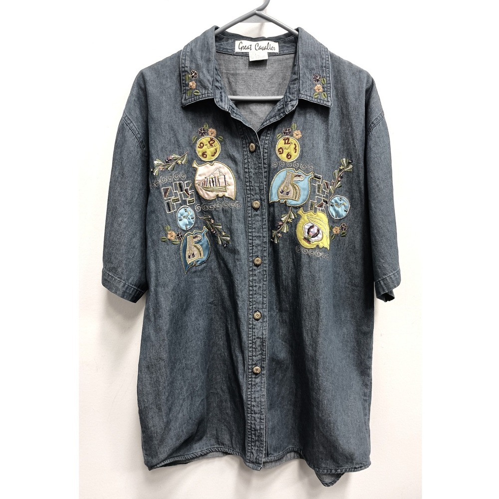 VTG Great Cavalier Denim Button Up Shirt Womens L Blue Embroidered Novelty Artsy